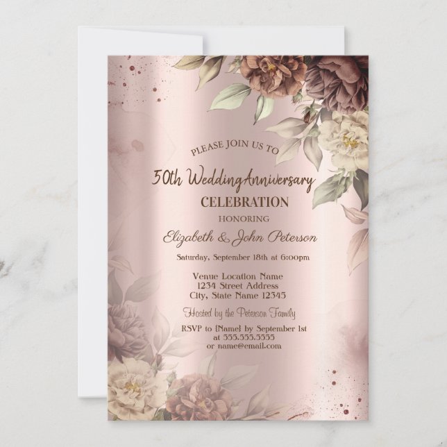 Invitation Fleurs de terre cuite Rose Mariage or Anniversaire (Devant)