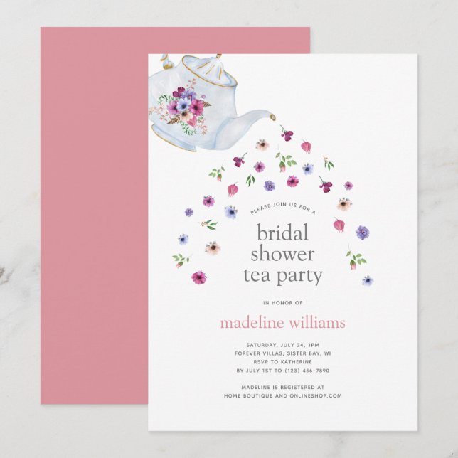 Invitation Fleurs de théière Fête des mariées Tea Party Invit (Devant / Derrière)