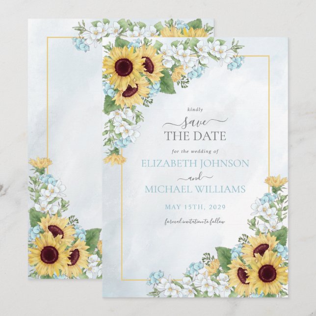 Invitation Fleurs de tournesol bleu poussiéreux rustique Enre (Devant / Derrière)