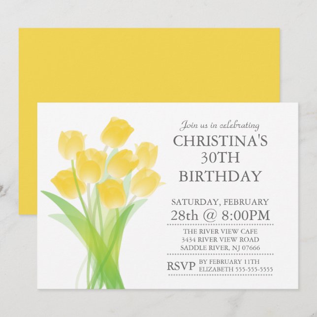 Invitation Fleurs de tulipe typographique moderne fête d'anni (Devant / Derrière)