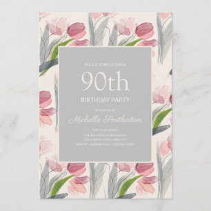Invitation Fleurs de Tulipes Aquarelle Rose Pâle 90e Annivers