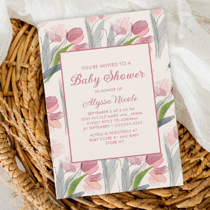 Invitation Fleurs de Tulipes Aquarelle Rose Pâle Baby Shower