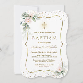 Invitation Fleurs de verdure Airy Gold Cross Twins Baptême
