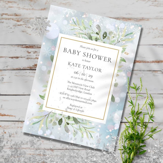 Invitation Fleurs de verdure Flocons de neige Baby Shower | S (Créateur téléchargé)