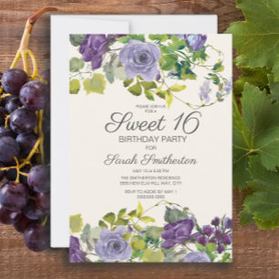 Invitation Fleurs de vignes aquarelles violettes Sweet 16