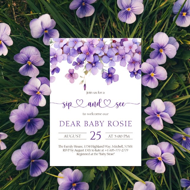 Invitation Fleurs de violet délicieuses printemps Sip bébé et (Spring Delicate Violet Flowers Baby Sip and See Invitation)