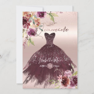 Invitation Fleurs de watercolor de Bourgogne pour Quinceanera