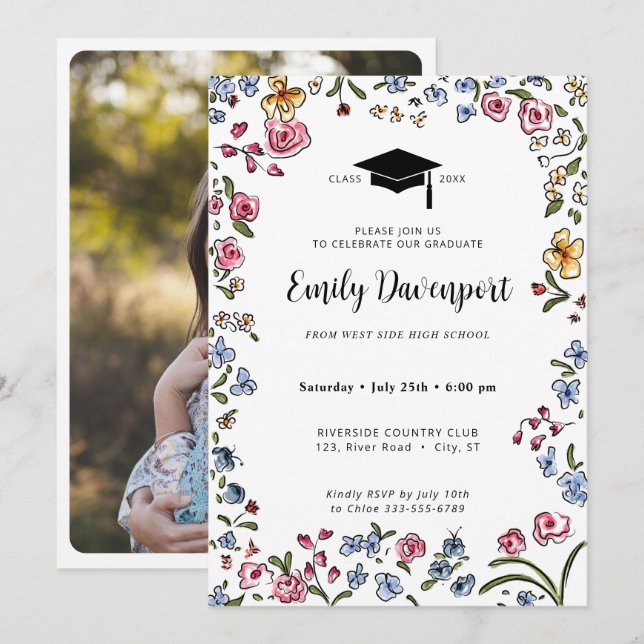 Invitation Fleurs dessinées à la main Photo de graduation sur (Devant / Derrière)