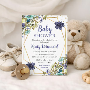 Invitation Fleurs d'été bleues et marine Cadre Baby Shower