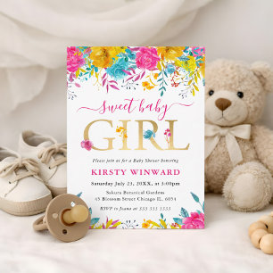 Invitation Fleurs d'été bleues, roses et jaunes Baby Shower