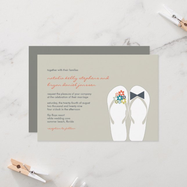 Invitation Fleurs d'été Mariée et Groom Flip Flops Mariage (Devant/Arrière en situation)