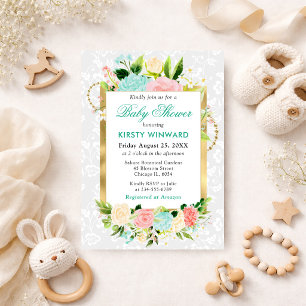 Invitation Fleurs d'été rose et menthe avec feuille d'or Baby