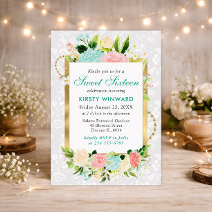 Invitation Fleurs d'été rose et menthe Feuille d'or Sweet 16