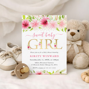 Invitation Fleurs d'été roses à l'aquarelle Baby Shower