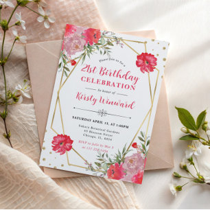Invitation Fleurs d'été roses et blush Cadre doré Anniversair