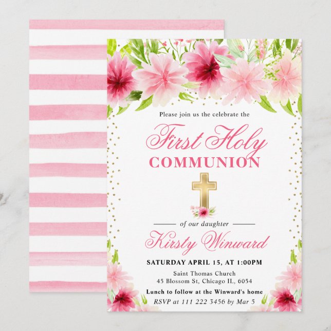 Invitation Fleurs d'été roses Première Communion sainte (Devant / Derrière)