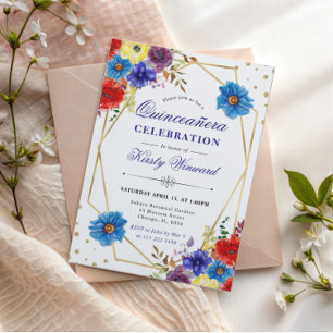 Invitation Fleurs d'été rouges, violettes et bleues pour Quin