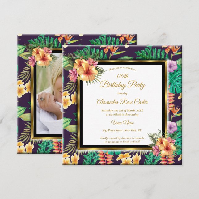 Invitation Fleurs d'été tropicales Gold Photo Anniversaire (Devant / Derrière)