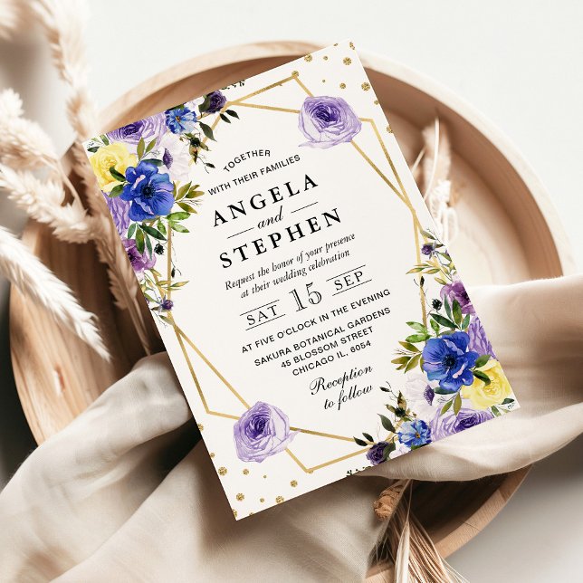 Invitation Fleurs d'été violet et crème Mariage de cadre d'or (Créateur téléchargé)