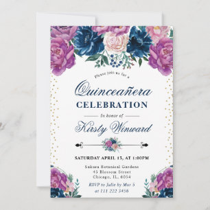 Invitation Fleurs d'été violettes et bleues Quinceanera