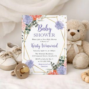 Invitation Fleurs d'été violettes et orange Cadre Baby Shower