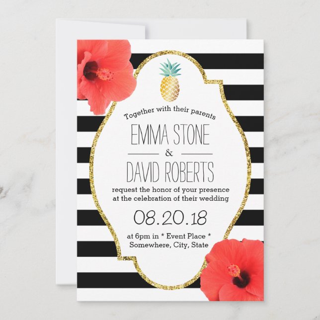 Invitation Fleurs d'Hibiscus à l'ananas hawaïen Mariage moder (Devant)