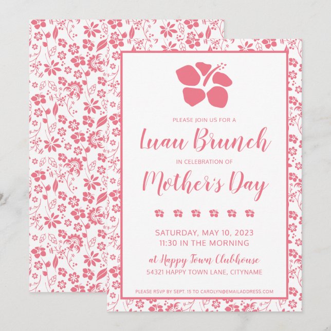 Invitation Fleurs d'Hibiscus rose Brunch Luau Fête des mères (Devant / Derrière)