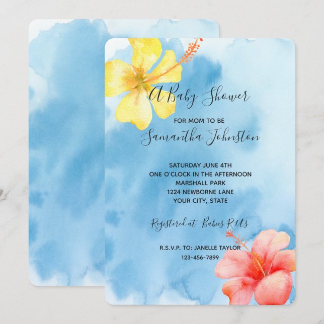 Invitation Fleurs d'Hibiscus tropicaux Baby shower d'aquarell (Devant / Derrière)