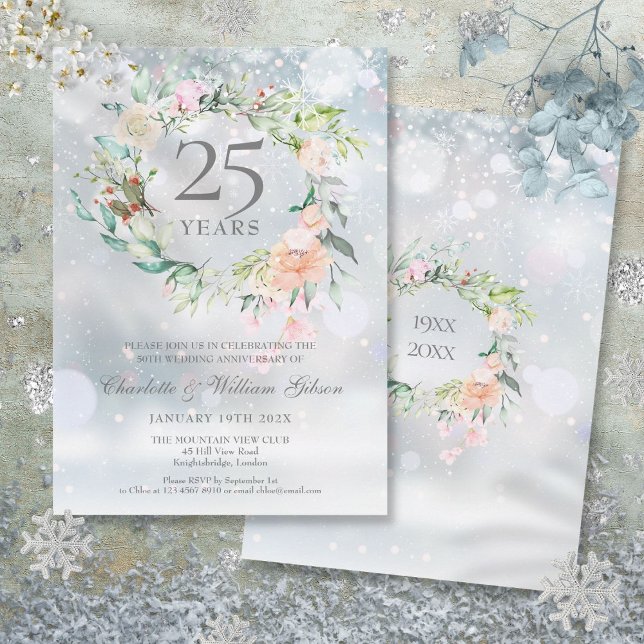 Invitation Fleurs d'hiver 25e anniversaire de mariage de arge (Winter Floral 25th Silver Wedding Anniversary Invitation)