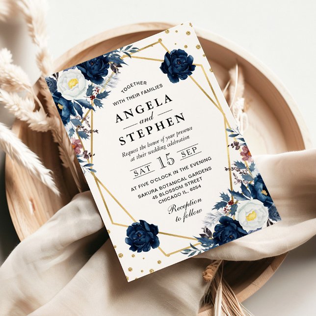 Invitation Fleurs d'hiver bleu et blanc Mariage de cadre d'or (Créateur téléchargé)