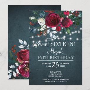 Invitation Fleurs d'hiver élégantes bordeaux sweet sixteen