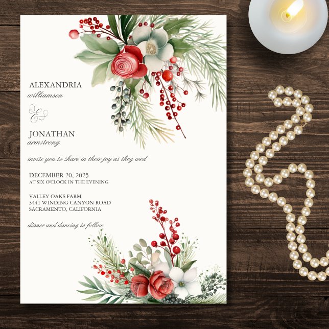 Invitation Fleurs d'hiver élégantes, Mariage de baies et de p (Créateur téléchargé)