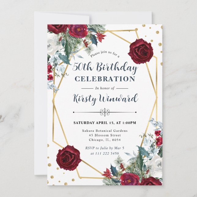 Invitation Fleurs d'hiver rouges et blanches Cadre 50e annive (Devant)
