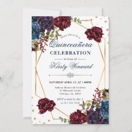 Invitation Fleurs d'hiver rouges et bleues et Quinceanera cad