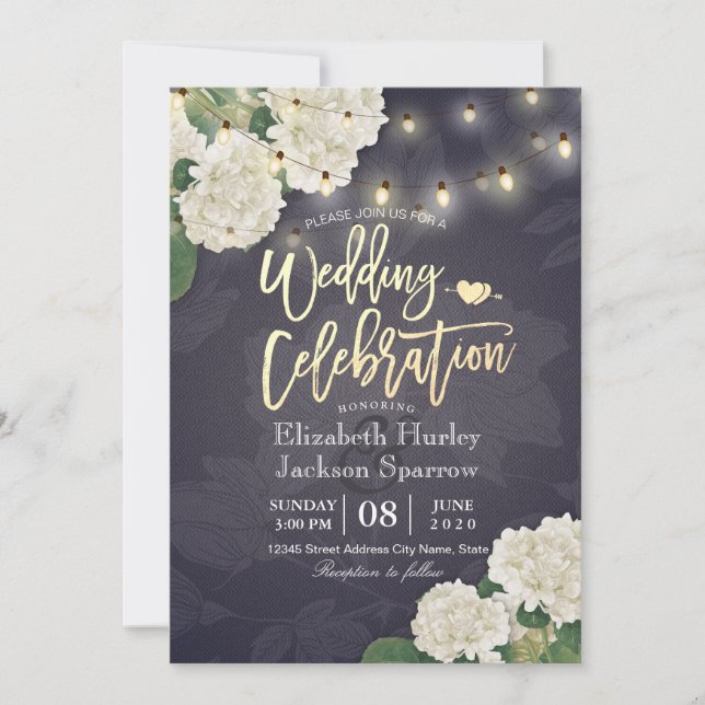 Invitation Fleurs d'Hydrangea Éclairages à cordes Mariage ble (Devant)