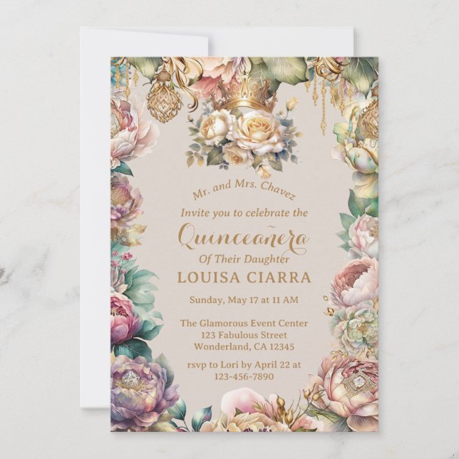 Invitation Fleurs diamant de Couronne or Quinceanera (Devant)