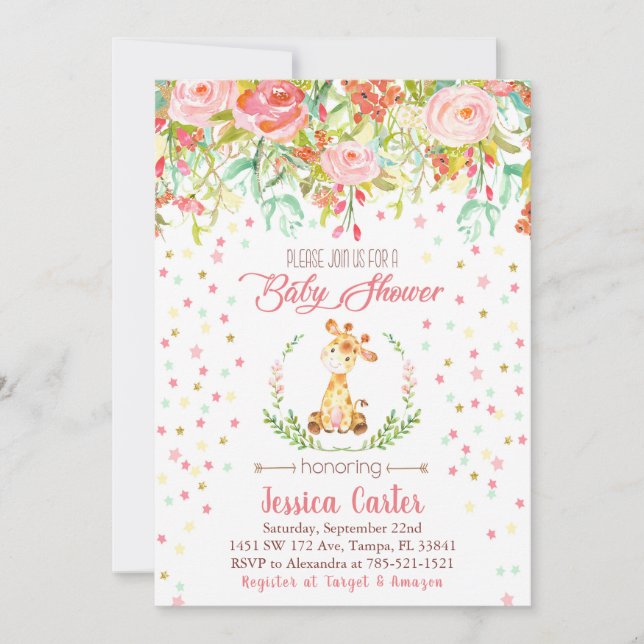 Invitation Fleurs d'invitation Baby shower et girafe (Devant)