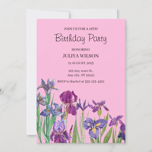 Invitation Fleurs d'Iris fête d'anniversaire (Devant)