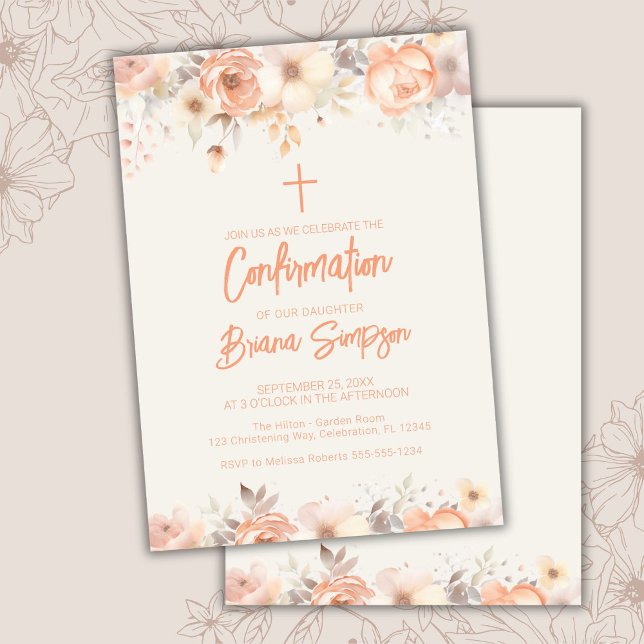 Invitation Fleurs d'ivoire beige de Pêche Confirmation floral (Créateur téléchargé)