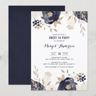 Invitation Fleurs d'ivoire et de la marine Sweet sixteen d'or