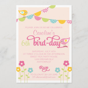 Invitation Fleurs d'oiseaux et bannières Fête d'anniversaire