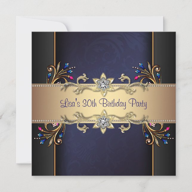 Invitation Fleurs d'or bleu marine Femme 30e anniversaire (Devant)