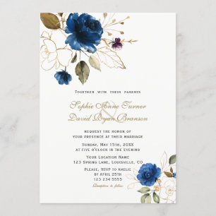 Invitation Fleurs d'or Bleu Whimsical Mariage Monogramme