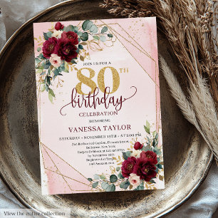 Invitation Fleurs d'or Boho Merlot vintages 80e anniversaire