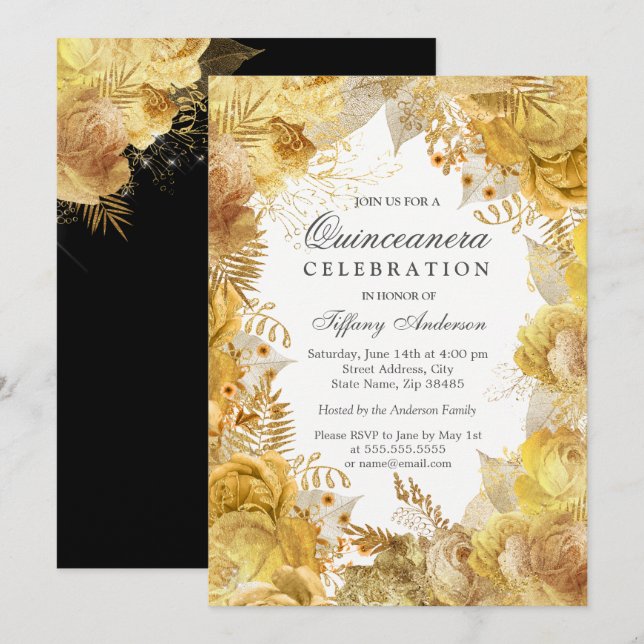 Invitation Fleurs d'or élégantes Quinceanera (Devant / Derrière)
