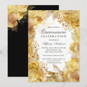 Invitation Fleurs d'or élégantes Quinceanera