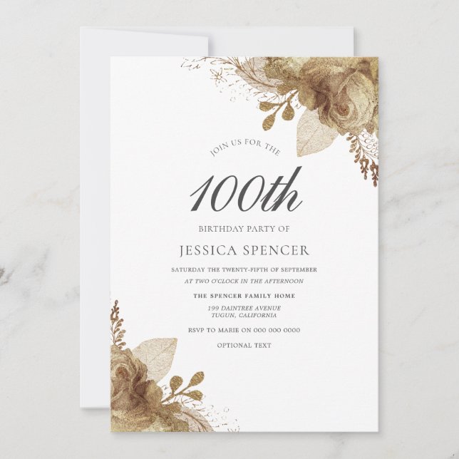 Invitation Fleurs d'or Femmes Hommes 100e anniversaire Invita (Devant)