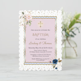 Invitation Fleurs d'or rose bleu Croix Twins Baptême