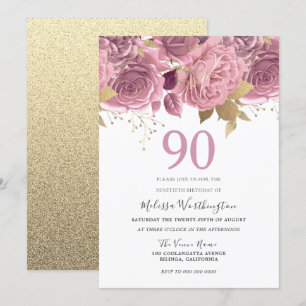 Invitation Fleurs d'or rose pâle 90e fête d'anniversaire