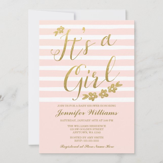 Invitation Fleurs d'or rose pâle Faux Baby shower fille (Devant)